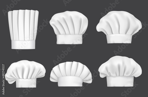 Tela Chef hats, realistic 3D cook caps and baker toques vector mockup