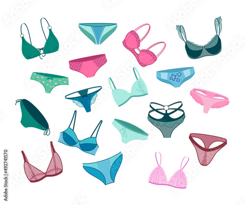 Lace lingerie and swimwear set. Vector illustrations of womens underwear of different shapes and colors. Cartoon bra bikini panty knickers string briefs isolated on white. Shopping, fashion concept