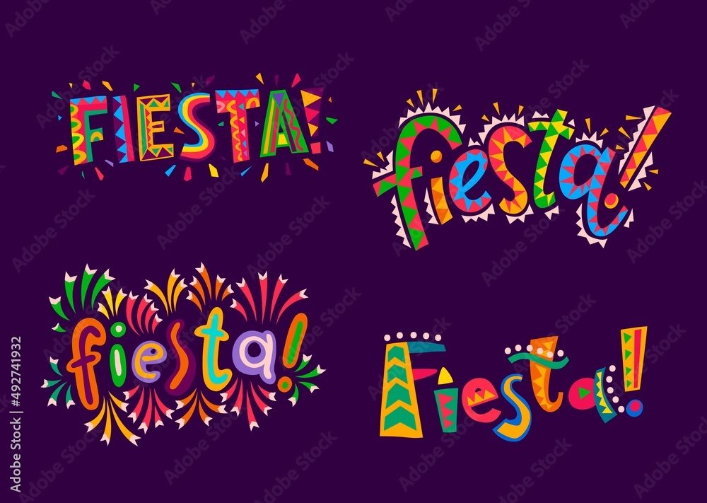 Fiesta party. Mexican, Spanish and Latin holiday carnival vector banner. Fiesta lettering of bright color letters with ethnic mexican ornaments, colorful geometric letters and confetti