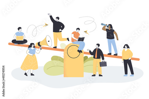Business people on scale flat vector illustration. Men and women balancing on swing. Company people trying to keep equilibrium. Employee comparison, teamwork concept