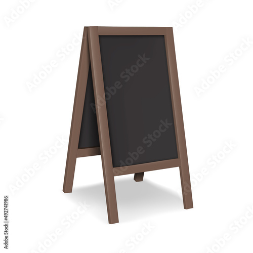 Sandwich black chalk board realistic vector mock-up. Blank A-frame chalkboard mockup. Outdoor sidewalk sign template for design