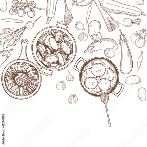 Vector background with eggplant dishes.