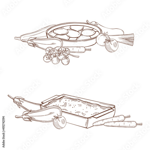 Vegetable casseroles. Sketch illustration.