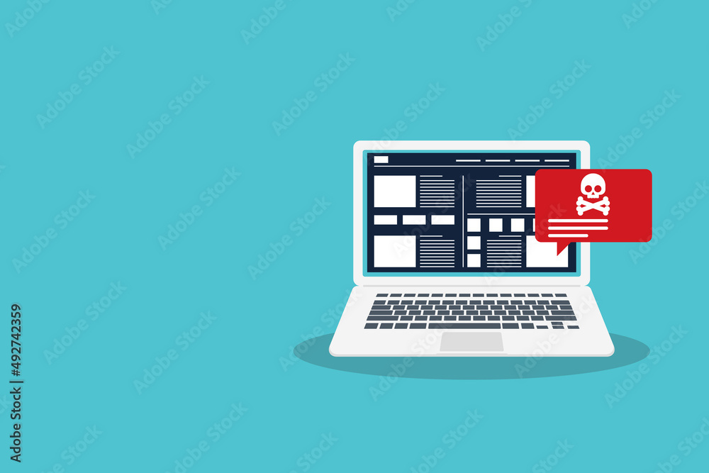 Malware content. Alert notification on laptop computer , malware concept, spam data, online scam, virus , vector illustration Malware content. Alert notification on laptop computer , malware concept, spam data, online scam, virus , vector illustration