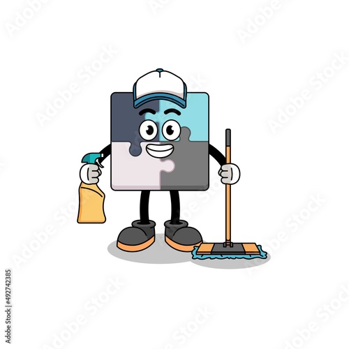 Character mascot of jigsaw puzzle as a cleaning services