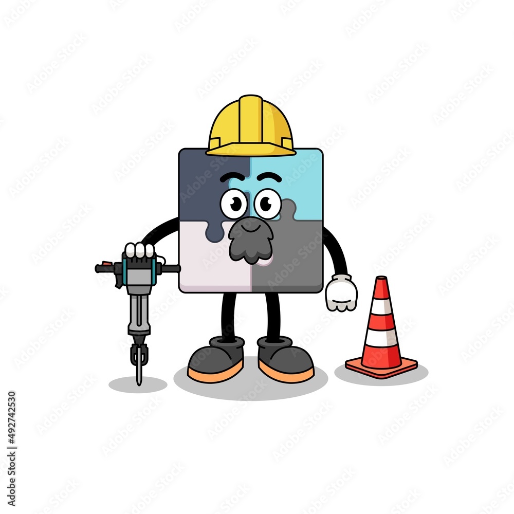 Character cartoon of jigsaw puzzle working on road construction Character cartoon of jigsaw puzzle working on road construction