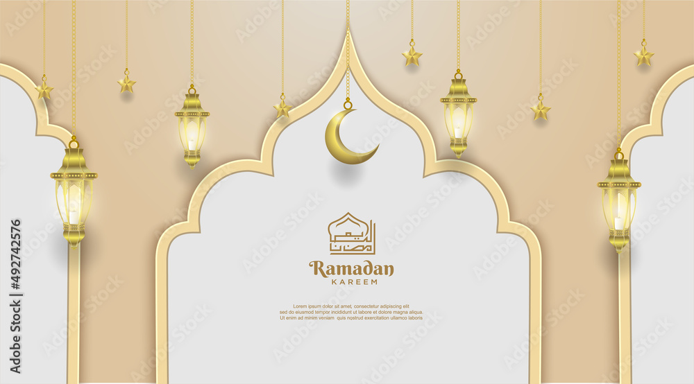 Ramadan Kareem vector card with 3d golden metal crescent and stars. Ramadan Kareem vector card with 3d golden metal crescent and stars.
