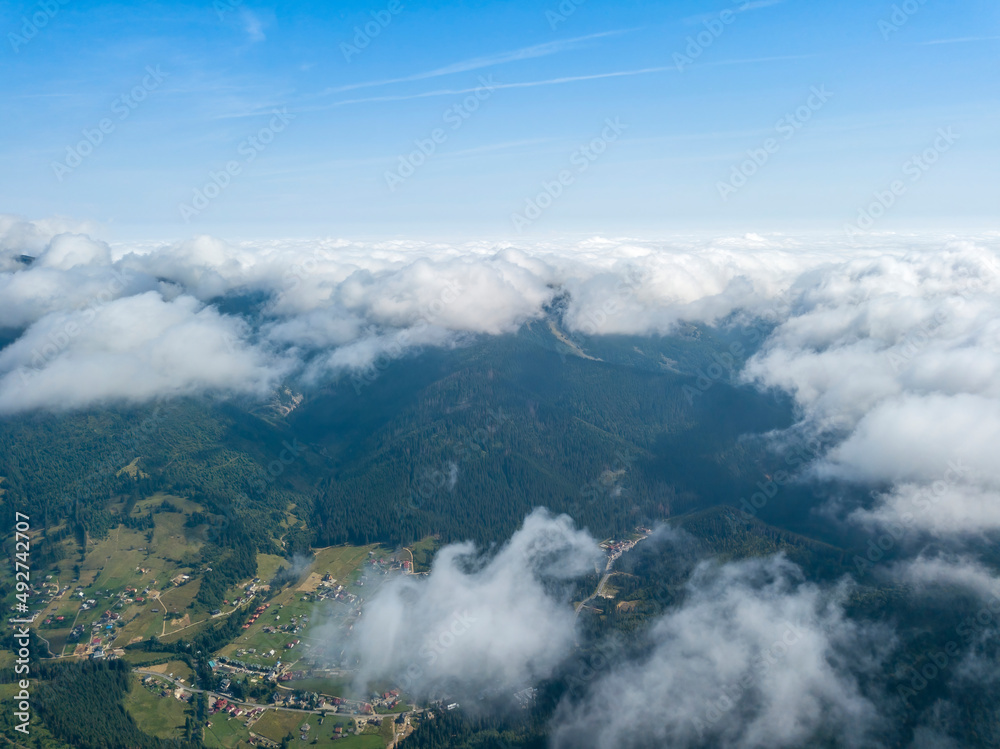 High flight in the mountains of the Ukrainian Carpathians. Aerial drone view.