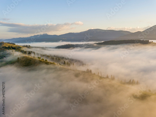 Sunny morning in the foggy Carpathians. A thick layer of fog covers the mountains. Aerial drone view.