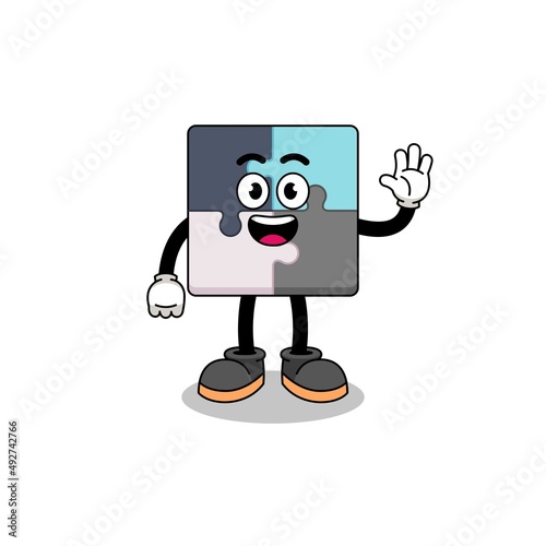 jigsaw puzzle cartoon doing wave hand gesture