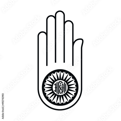 Jain symbol hand. Ahimsa icon. Indian, jainisms, hindu religious emblem. background with hand drawn elements