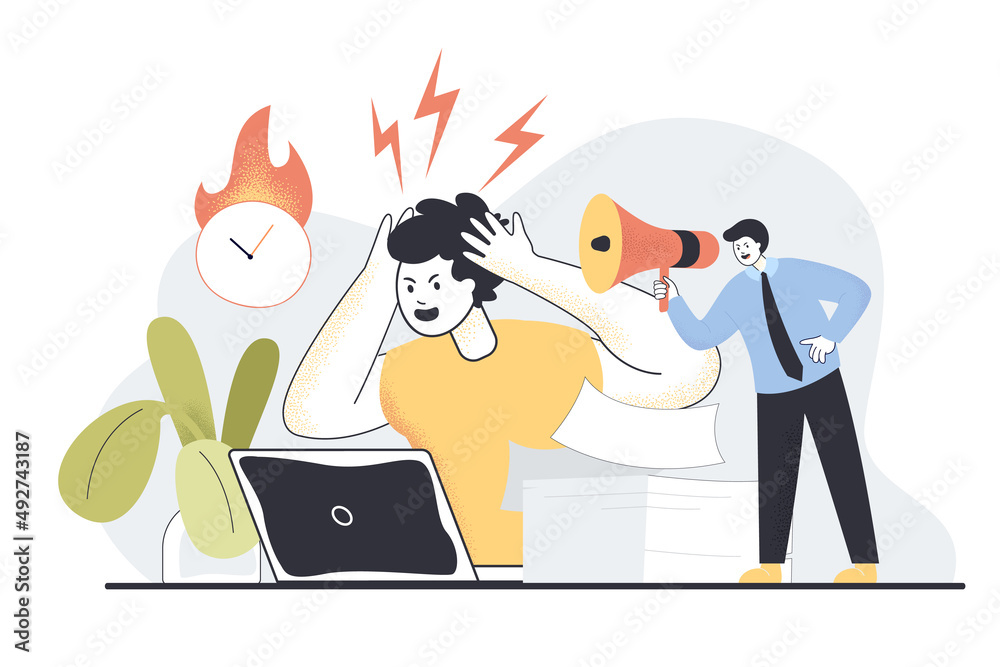 Boss shouting at exhausted employee flat vector illustration. Burnout and frustrated worker having pressing deadlines at work. Furious leader rushing man to complete tasks. Occupation concept Boss shouting at exhausted employee flat vector illustration. Burnout and frustrated worker having pressing deadlines at work. Furious leader rushing man to complete tasks. Occupation concept