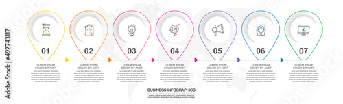 Vector line infographics template for 7 arrows and circles. Business concept with seven elements and icons. Modern blank space for chart, content, step for step, timeline, diagram, web
