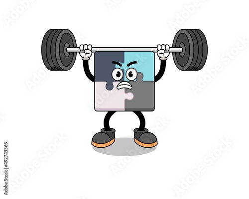 jigsaw puzzle mascot cartoon lifting a barbell