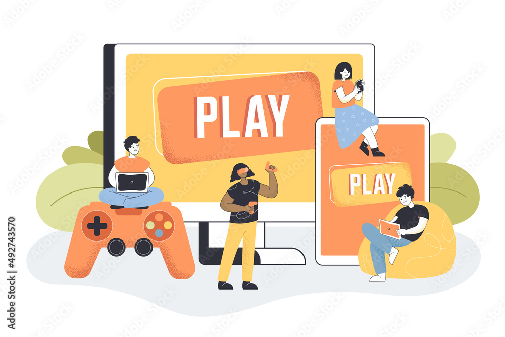 People playing video game on mobile phone and computer. Men and women playing console, using various hardware devices, laptop or tablet flat vector illustration. Cross-platform play concept