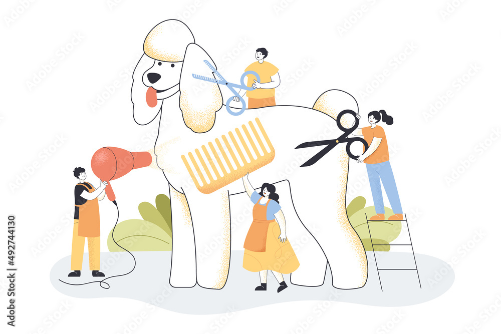 Tiny people trimming huge dog flat vector illustration. Man and women cutting animal wool, combing and drying with hair dryer at groomer salon, taking care of happy dog. Pet grooming service concept Tiny people trimming huge dog flat vector illustration. Man and women cutting animal wool, combing and drying with hair dryer at groomer salon, taking care of happy dog. Pet grooming service concept