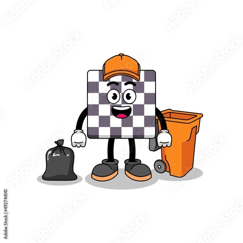 Illustration of chessboard cartoon as a garbage collector
