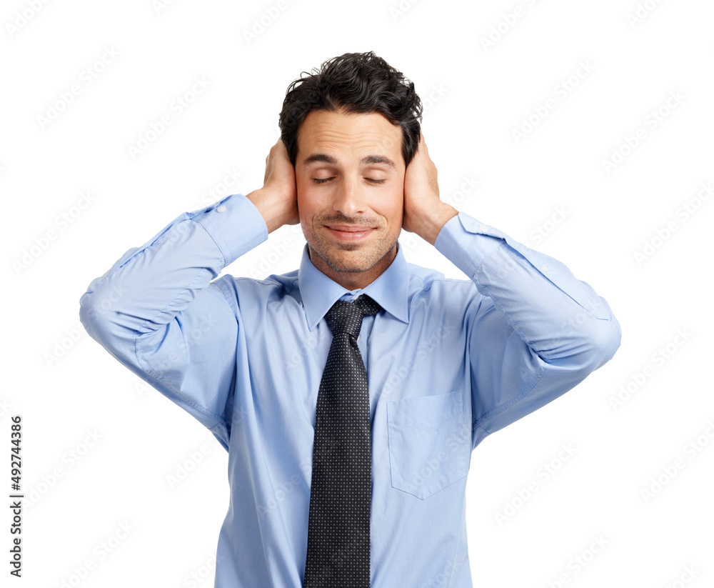 Blissfully ignorant. Studio shot of a handsome businessman covering his ears. Blissfully ignorant. Studio shot of a handsome businessman covering his ears.