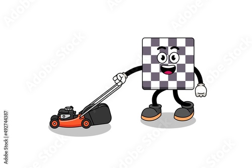 chessboard illustration cartoon holding lawn mower