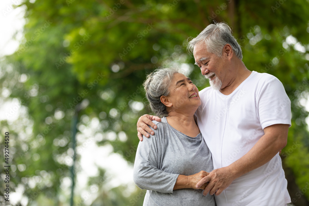 portrait senior couple in love, hugging and looking together in the park portrait senior couple in love, hugging and looking together in the park