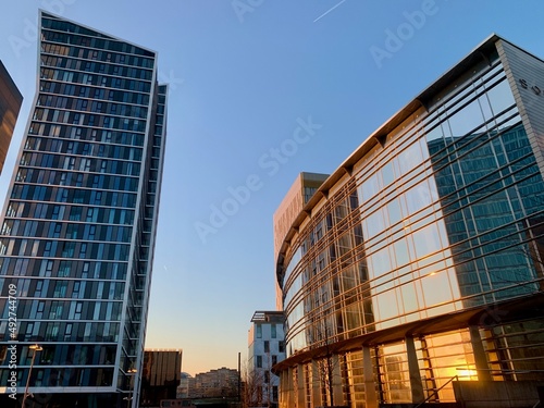 Modern architecture in financial district Kirchberg at sunset. Luxembourg.