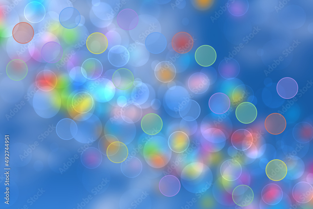 Light multicolor background. Abstract blurred fresh vivid spring summer light pastel gradient pink blue yellow green turquoise bokeh texture with bright circular soft color lights. Beautiful backdrop