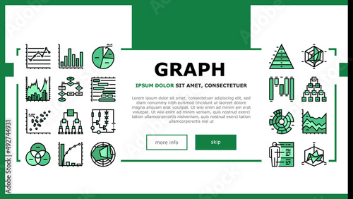 Graph For Analyzing And Research Landing Web Page Header Banner Template Vector. Hierarchy Binary Decision Diagram, Bar And Graph, Radar And Stacked Area Chart . Pareto And Venn Illustration