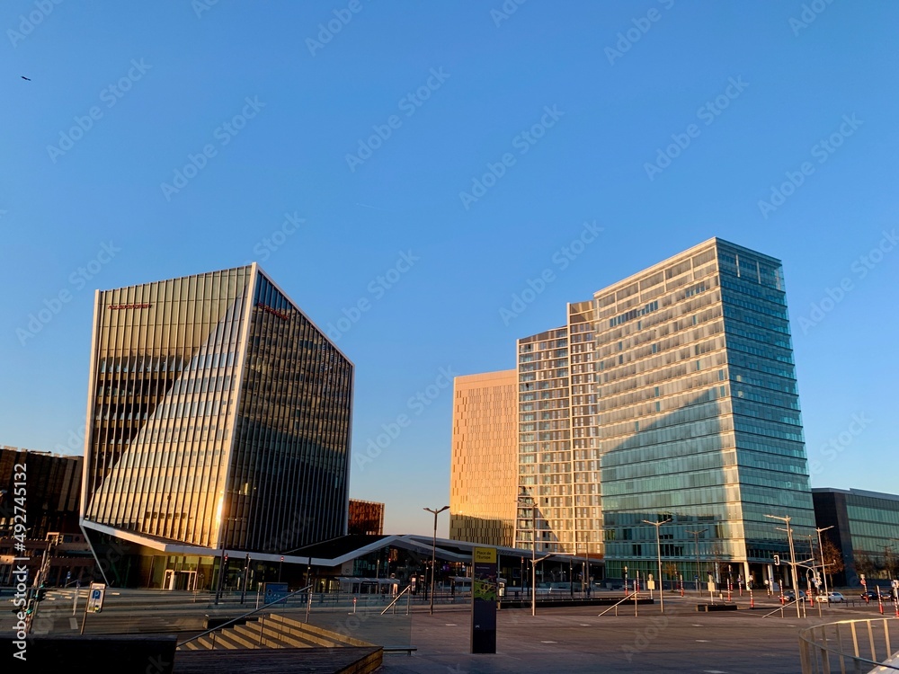 Fototapeta premium Modern architecture in business district Kirchberg at sunset. Luxembourg.
