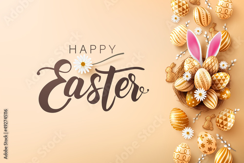 Easter poster and banner template with Golden easter eggs in the nest,cute bunny ears.Greetings and presents for Easter Day in flat lay styling.Promotion and shopping template for Easter