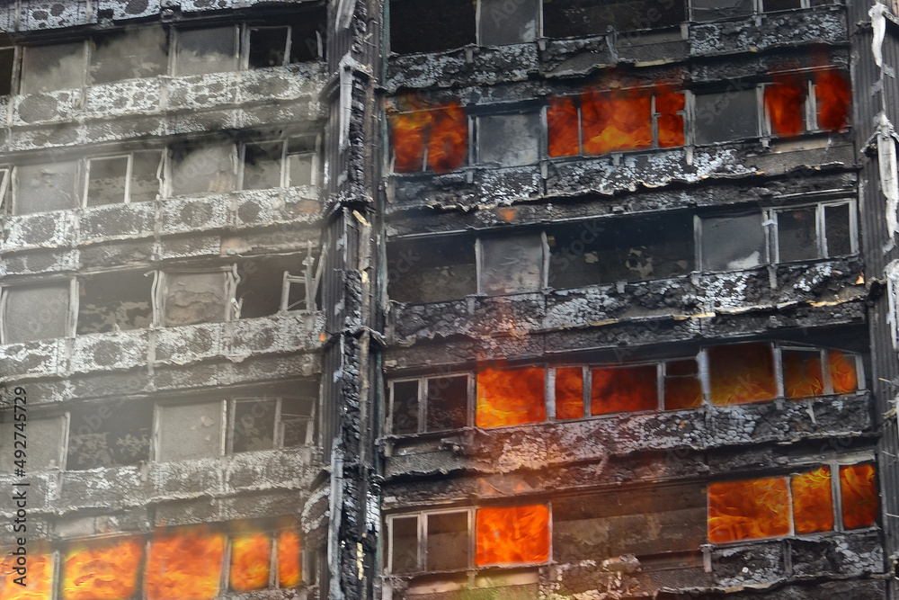Kyiv. Ukraine, residential tower block on fire form Russian artillery fire, Russian invasion, urban war zone Kyiv. Ukraine, residential tower block on fire form Russian artillery fire, Russian invasion, urban war zone
