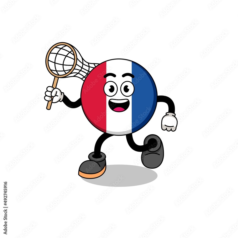 Cartoon of france flag catching a butterfly