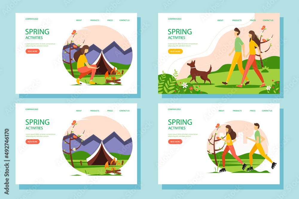Vector templates with people in spring. The concept of an active and healthy lifestyle. Vector illustration in a flat style.