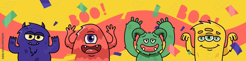 Fototapeta premium Cute funny monsters are trying to scare you. Illustration for children