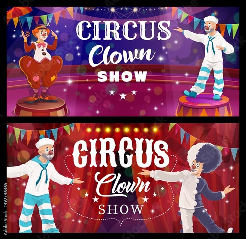 Shapito circus clown cartoon vector characters performing comedy show on stage of amusement park or funfair. Funny jester or comic entertainer with wigs, red noses and umbrella, lights and flags