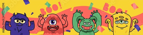 Cute funny monsters are trying to scare you. Illustration for children