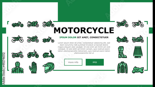 Motorcycle Bike Transport Types Landing Web Page Header Banner Template Vector. Dirtbike Cruiser, Dual Sport Enduros And Chopper, Sportbike And Electric Motorcycle . Rider Jacket Helmet Illustration