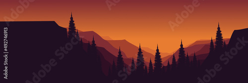 forest silhouette with mountain ladnscape flat design vector illustration good for wallpaper, background, backdrop, banner, tourism and design template