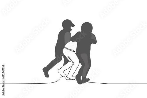 two men in dark protective uniforms and helmets are led away by twisting a man - one line drawing vector. the concept of arresting a criminal or capturing an oppositionist