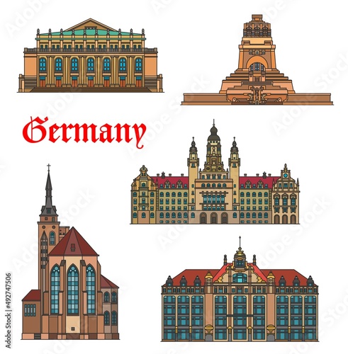 Germany buildings, Stuttgart and Leipzig architecture, travel vector landmarks. Battle of Nations Monument or Volkerschlachtdenkmal, Stuttgart Staatsoper opera house and Collegiate Church Stiftskirche