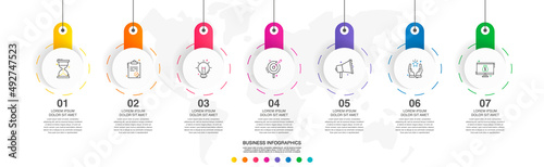 Vector line infographics with seven circles. Business concept graphic process template with 7 steps. Graphic timeline for app, website, interface, chart, levels, web, diagram, banner, presentations