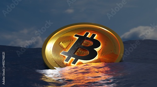 Bitcoin flowing on a ocean.BTC is sinking same liquidity concept in the dark .3D Rendering.