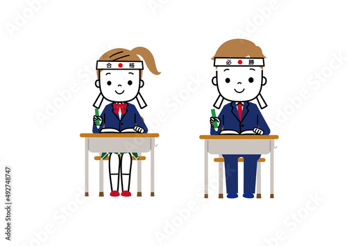 ハチマキをして笑顔で勉強に取り組む学生　中学生　高校生