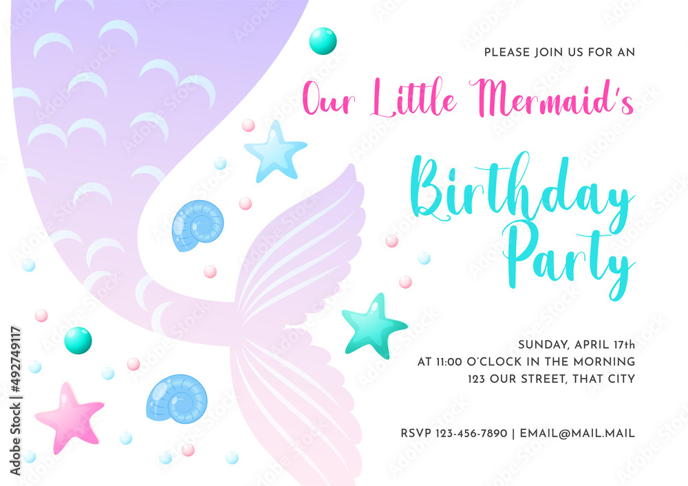 Mermaid party invitation template. Cute illustration of mermaid tail, sea shells and star fish. Birthday concept. Vector 10 EPS. Mermaid party invitation template. Cute illustration of mermaid tail, sea shells and star fish. Birthday concept. Vector 10 EPS.