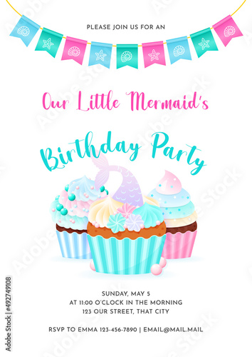 Mermaid party invitation template. Illustration of three creamy cupcakes and bunting flags. Birthday concept. Vector 10 EPS.