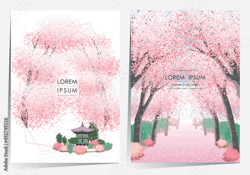 Fotobehang Vector editorial design frame set of Korean spring scenery with cherry trees in full bloom