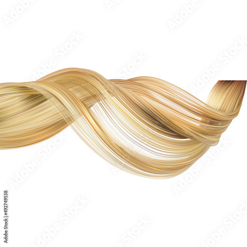 A curl of female curly hair. Beautiful healthy female blond hair. Vector 3d realistic illustration isolated on white background.