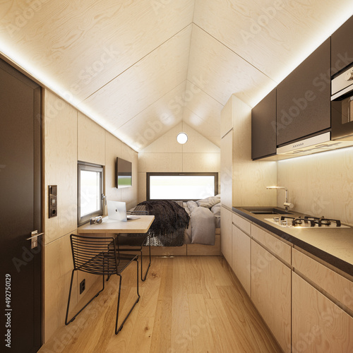 Interior of tiny wooden house. Wooden cabin interior. 