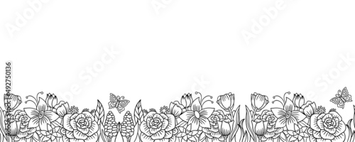 Spring seamless border with flowers for decor, ornament. Coloring book page for adult with doodle and zentangle elements. Vector hand drawn isolated.