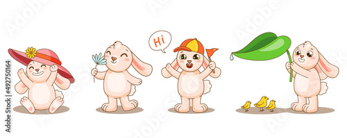 Set baby rabbits in different poses with stuff. Cute animals say hi, wear hat, help small birds, sniff flower and smile. Vector illustration collection for design, print, kid materials.