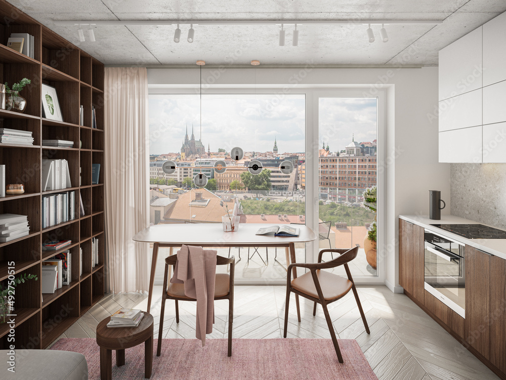 Interior of a small luxury apartment. Comfortable small living room with open space, 3D rendering Interior of a small luxury apartment. Comfortable small living room with open space, 3D rendering